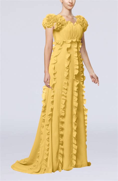 Gold Elegant Empire Short Sleeve Zipper Chiffon Ruching Prom Dresses - UWDress.com