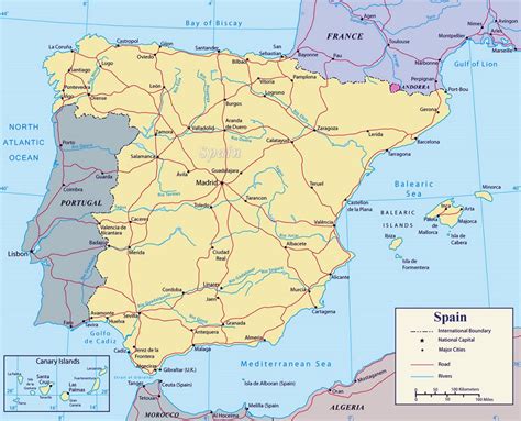 Detailed political map of Spain with major roads and major cities ...