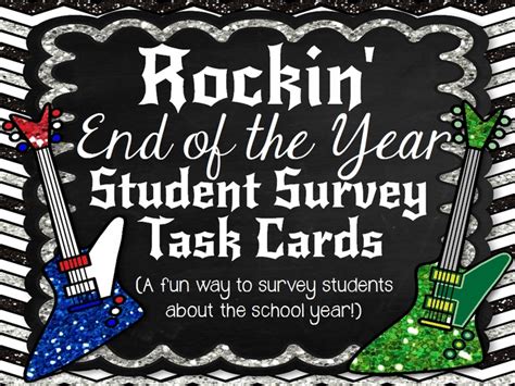 rockin'end of the year student survey task cards with music instruments on them