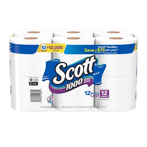 Scott 1000 Toilet Paper, 12 Rolls, 12,000 Sheets - Walmart.com