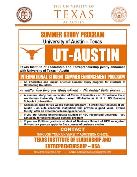 Summer Study Program at UT - Austin Admission Open | PDF