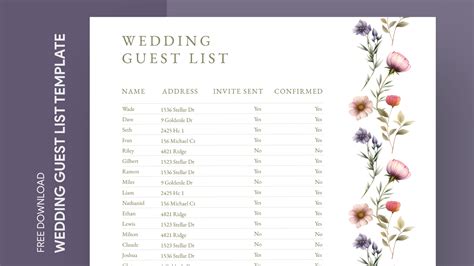 Spring Wedding Guest List Free Google Docs Template - gdoc.io