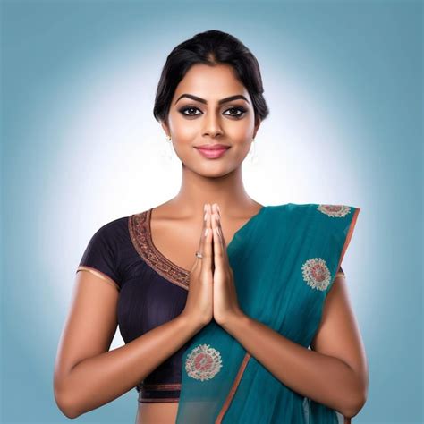 Premium AI Image | Sri Lankan Young Woman Greeting Ayubowan Namaste Hand Gesture