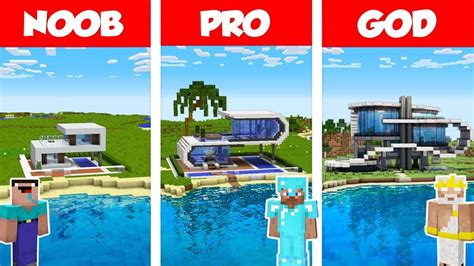 Minecraft NOOB vs PRO vs GOD: MODERN BEACH HOUSE BUILD CHALLENGE in ...