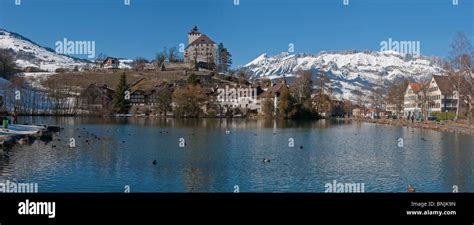 Werdenberg castle at Buchs Canton of Sankt Gallen Switzerland Castle Water Winter Mountains ...