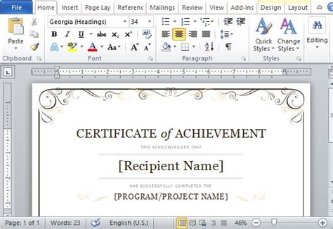 Certificate Of Achievement Template For Word 2013