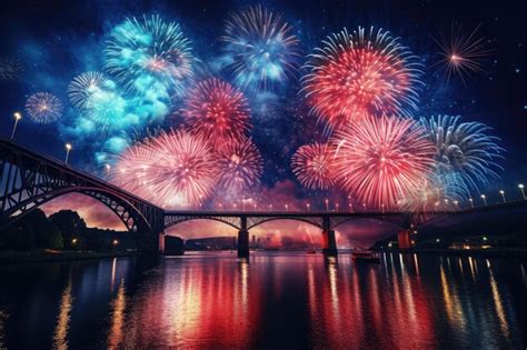 Premium AI Image | blue white and red fireworks over the river at night