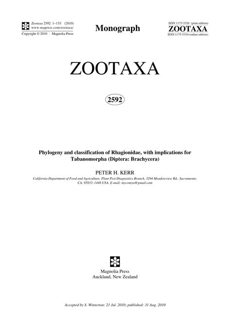 (PDF) Phylogeny and classification of Rhagionidae, with implications for Tabanomorpha (Diptera ...