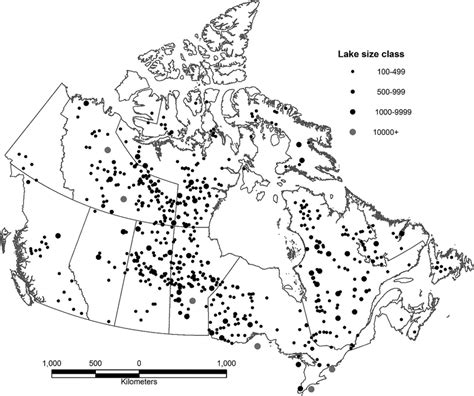 Map showing the location and size ranges of Canada's large lakes (area ...