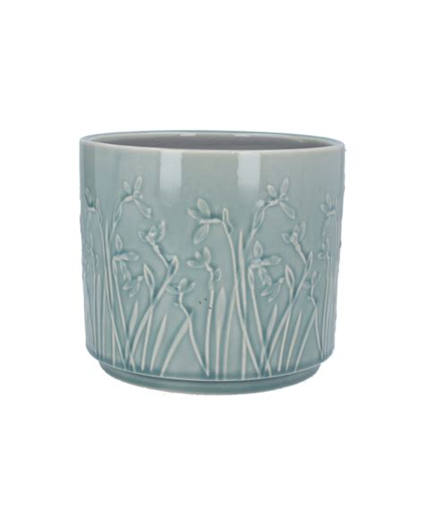 White Iris Embossed Planter Pot - Floral Pot - Glazed Ceramic House Plant Pot Cover - Indoor ...