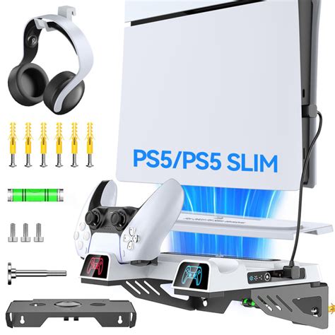 New PS5 /PS5 SLIM Wall Mount Kit with 3-level Cooling Fan and Dual Charging Station, PS5 /SLIM ...