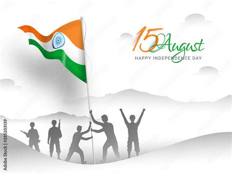 Silhouette character of Indian Army soldiers waving flag on white ...