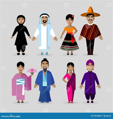 People in Traditional Costumes. Mexico, Japan, India, Middle East Stock ...