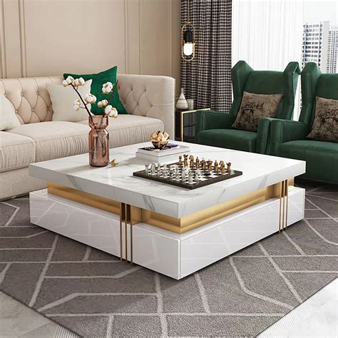 43" Modern White Square Storage Coffee Table Sintered Stone Top with 4 Wood Drawers-Homary ...