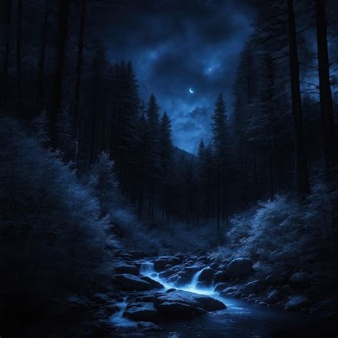 Premium AI Image | blue and Black Forest at night with starry sky