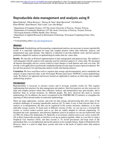 (PDF) Reproducible data management and analysis using R