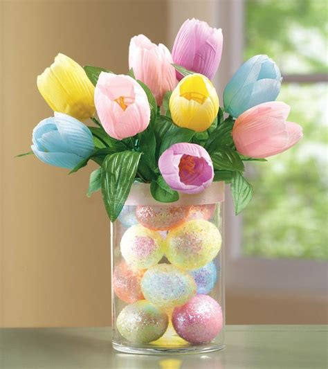 Lighted Floral Easter Tulips in Glass Vase, Glass, Polyester, Plastic ...