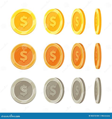 Cartoon Golden Coins in Different Positions, Gold Coin Flip Vector Set ...