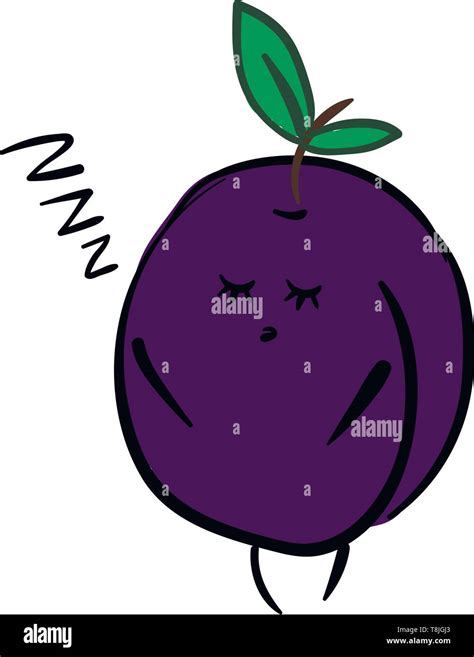 A purple colored plum, with two green colored leaves fast asleep, vector, color drawing or ...
