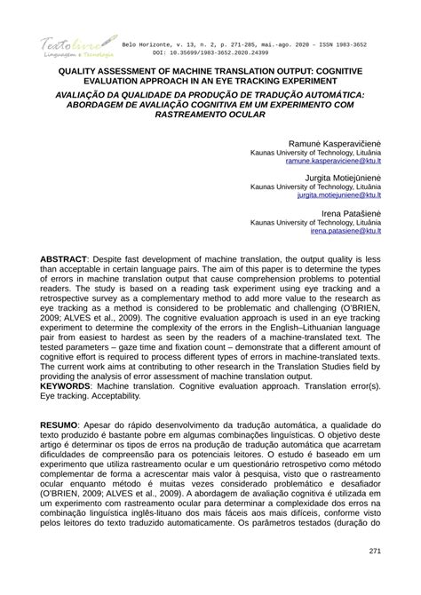 (PDF) Quality assessment of machine translation output: cognitive ...