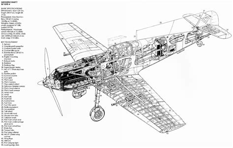 Asisbiz Artwork line drawing Messerschmitt Bf 109E4 blue print and technical data 01