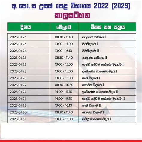 G.C.E A/L Exam Time Table 2022 (2023) Department of Examination Sri Lanka