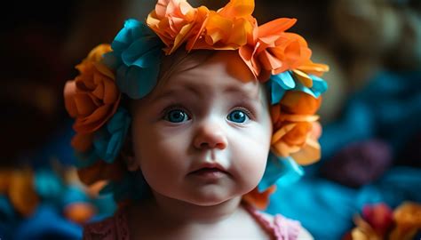 Cute baby girl smiling, playing outdoors, surrounded by colorful nature ...