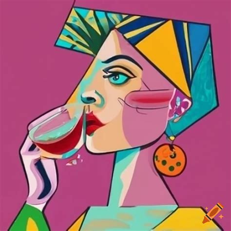 Picasso-inspired painting of a woman with a wine glass