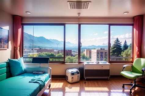 Premium AI Image | A hospital room with a view of the mountains and the window.