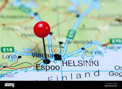 Espoo pinned on a map of Finland Stock Photo - Alamy