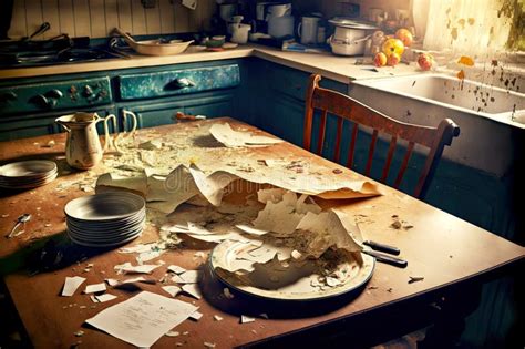 Kitchen Mess from Torn Paper, Stained Table and Dirty Dishes Stock Illustration - Illustration ...