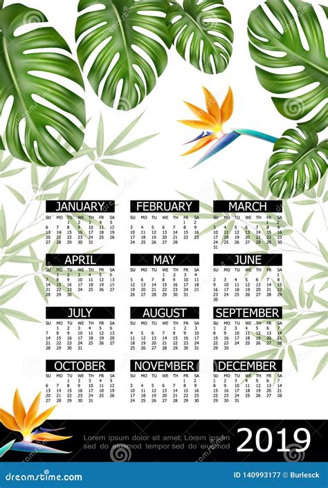 Realistic Tropical 2019 Year Calendar Poster Stock Vector - Illustration of branch, month: 140993177