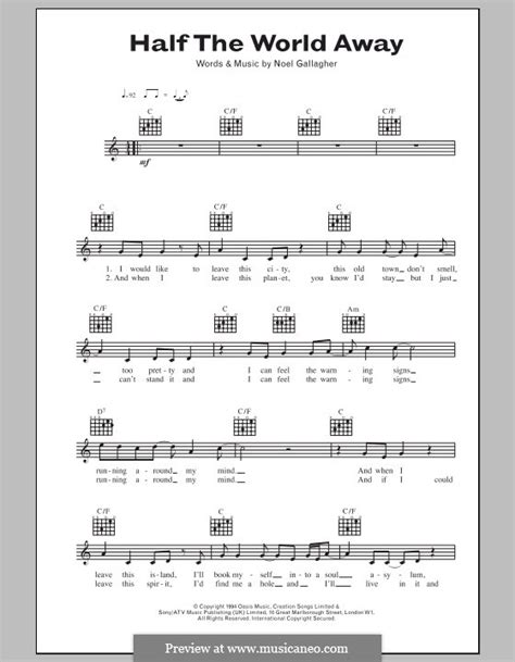 Half the World Away (Oasis) by N. Gallagher - sheet music on MusicaNeo