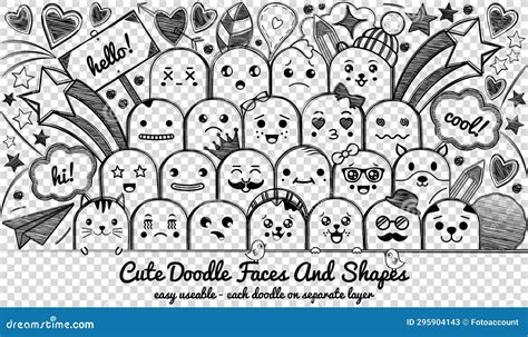 Doodle Kawaii Faces Set - Hand Drawn Vector Illustration Isolated on ...