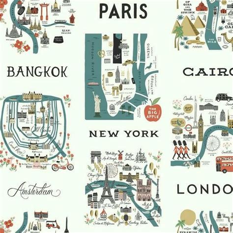 RI5162 | Turquoise Illustrated City Maps Rifle Paper Wallpaper