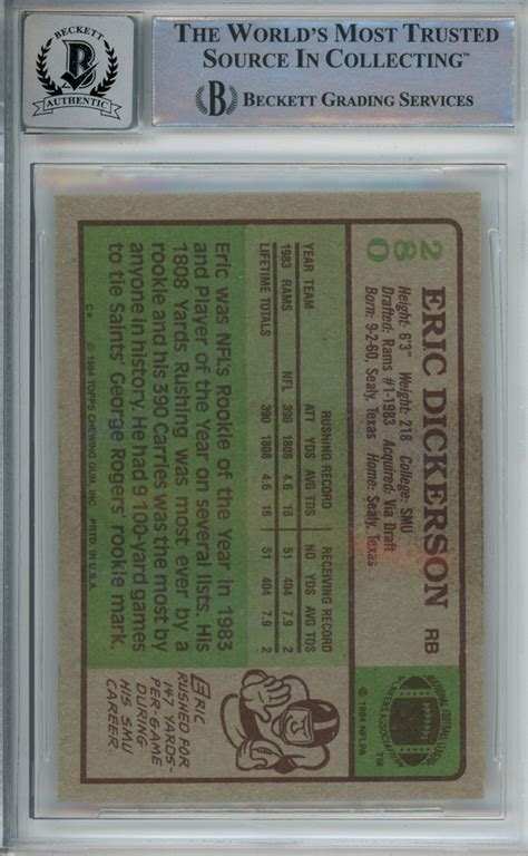 Eric Dickerson Autographed 1984 Topps #280 Rookie Card HOF Beckett Slab – Denver Autographs