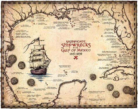 Mapa de naufragios del Golfo de México Obra de arte 15 x 19, Naufragios, Mapas del tesoro ...