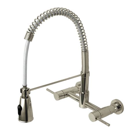 Kingston Brass Modern 2-Handle Wall-Mount Pull-Down Sprayer Kitchen Faucet in Brushed Nickel ...