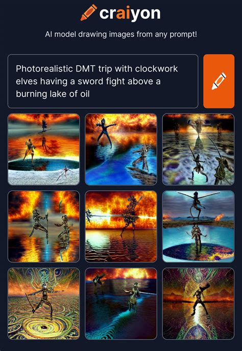 Photorealistic DMT trip with clockwork elves having a sword fight above a burning lake of oil ...