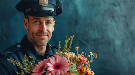 AI generated handsome police man with flower bouquet on minimalist background with copy space ...