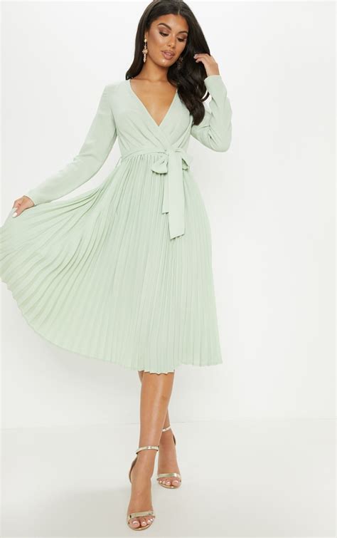 Sage Green Pleated Midi Dress | Dresses | PrettyLittleThing