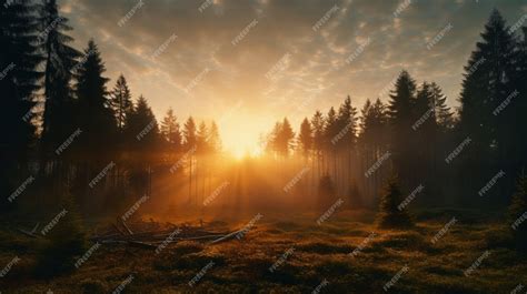 Premium Photo | Foggy Forest Sunrise Background