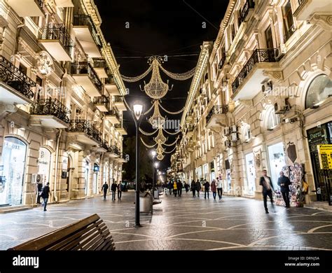 Nizami street in the center of Baku, Azarbaijan, illuminated by Stock ...