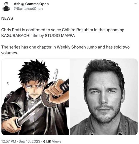 Chris Pratt is confirmed to voice Chihiro Rokuhira in the upcoming KAGURABACHI film by STUDIO ...