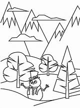 Snowman With Trees And Moutain In Winter coloring Page  Download sketch template