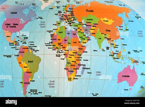 Colorful world map with all continents Africa, Europe, Asia, North ...