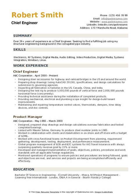 Chief Engineer Resume Samples | QwikResume