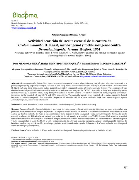 (PDF) Acaricide activity of essential oil of Croton malambo H. Karst ...