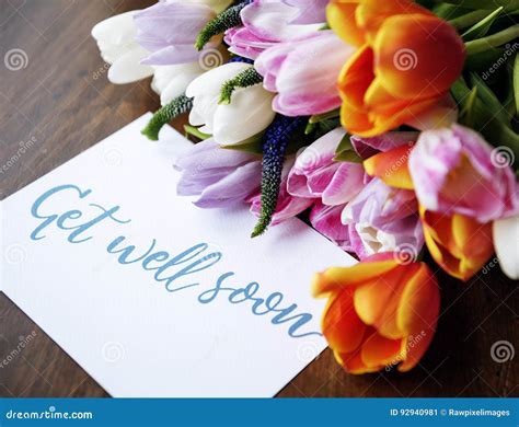 Tulips Flowers Bouquet with Get Well Soon Wishing Card Stock Image ...