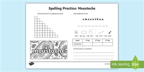 Moustache Spelling Practice Worksheet (Teacher-Made)